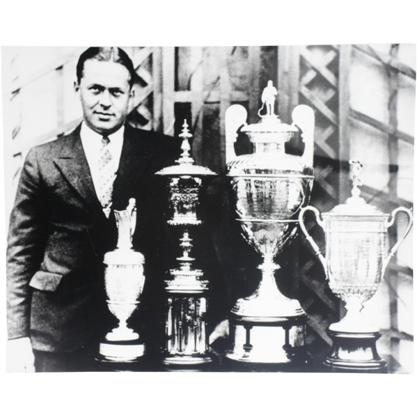 Bobby Jones B&W 16x20 Matted Photo with Grand Slam Trophies