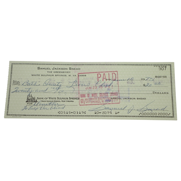 Samuel J. Snead Signed 6/10/1975 Personal Check for Helping the Blind Donation JSA ALOA