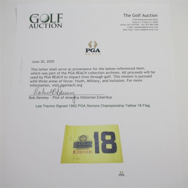 Lee Trevino Signed 1992 PGA Seniors Championship Yellow 18 Flag JSA ALOA