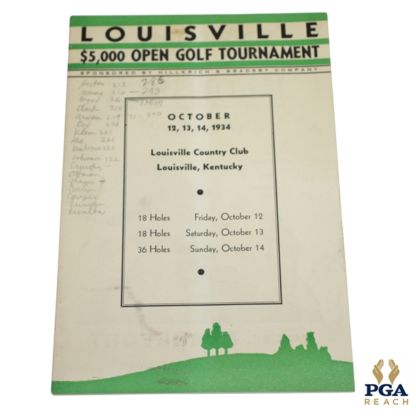 1934 Louisville Open Golf Tournament at Louisville CC Official Program - Horton Smith Win