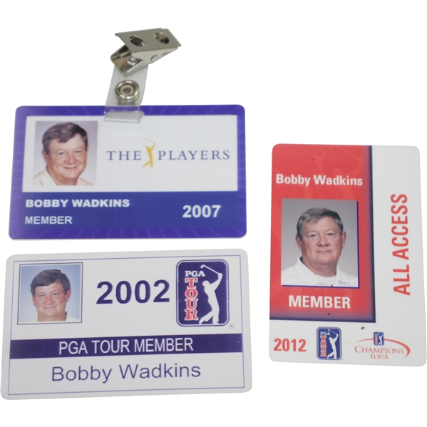 Three Bobby Wadkins ID Badges - 2002 PGA Tour, 2007 The Players, & 2012 Champions Tour