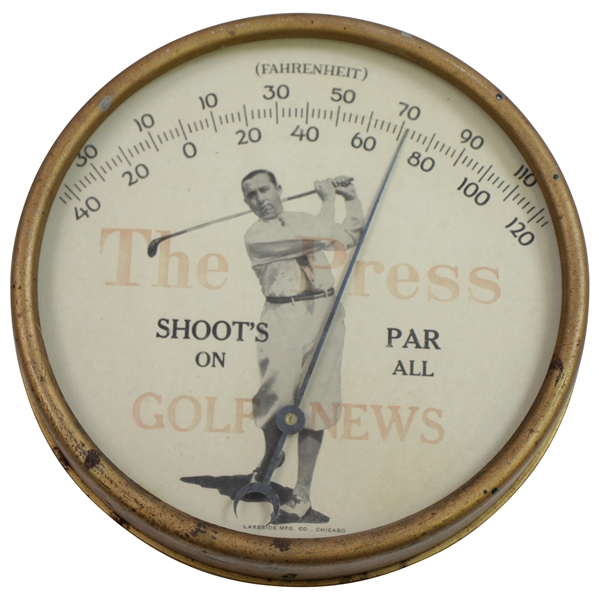 Walter Hagen 'The Press Golf Shoot's Par An All Golf News' Thermometer by Lakeside Mfg. Co. Chicago