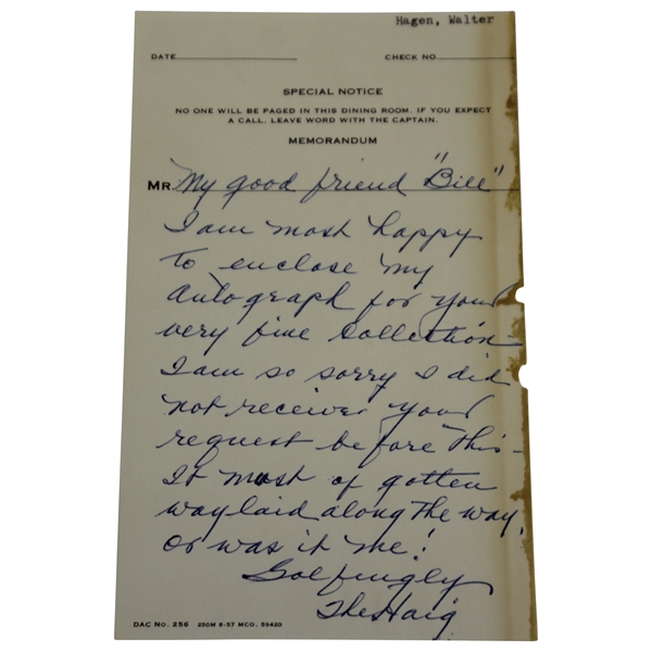 Walter Hagen Hand-Written Letter Signed with Rare The Haig Inscription JSA ALOA