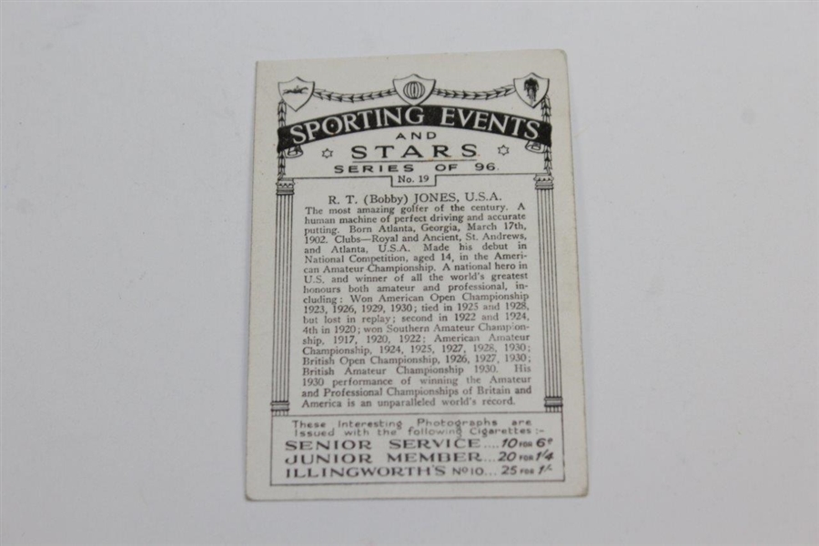 1935 R.T. (Bobby) Jones Sporting Events & Stars Cigarette Card #19
