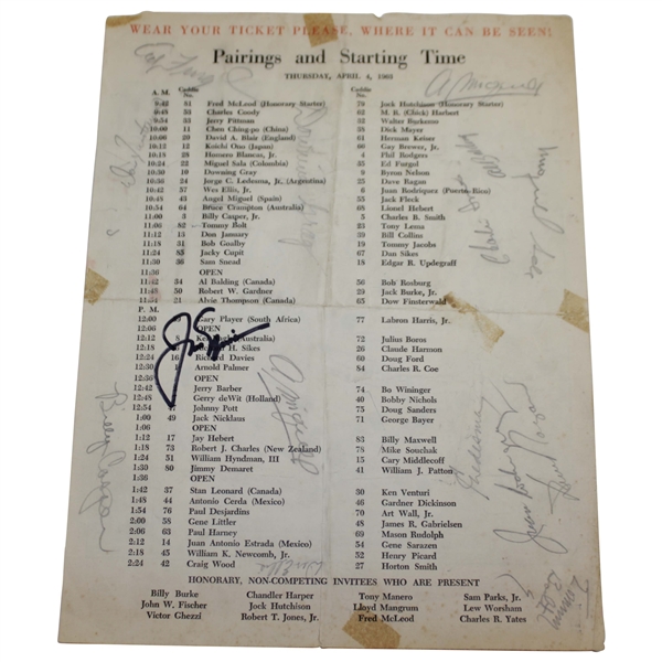 Jack Nicklaus & Field Signed 1963 Thursday Masters Pairing Sheet JSA ALOA