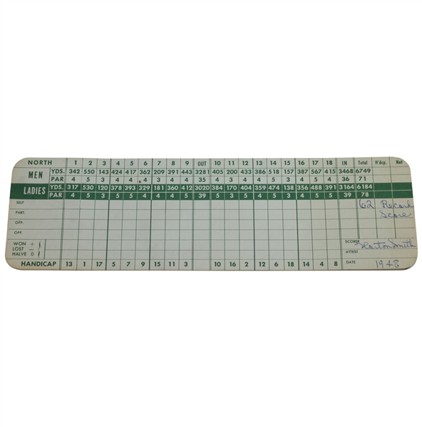 Horton Smith Signed & Dated '1948' Detroit Golf Club Scorecard with '62 Record Score' JSA ALOA