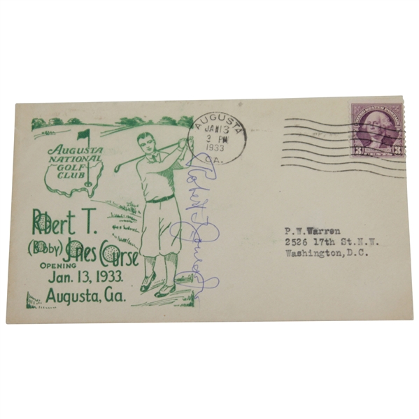 Bobby Jones Signed 1933 Augusta National GC First Day Green Ink Cover - Rare FULL JSA #BB90091