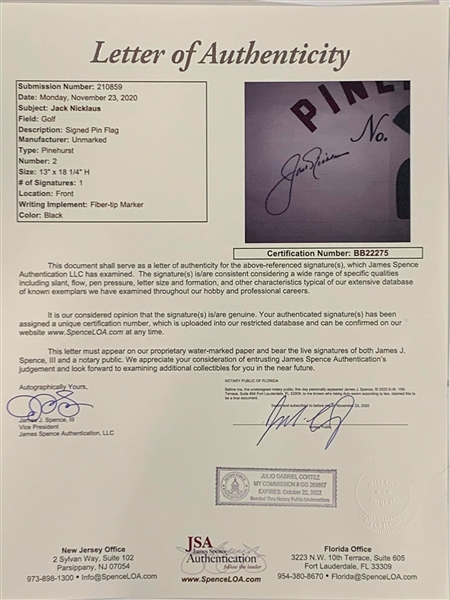 Jack Nicklaus Signed Pinehurst No. 2 Embroidered Flag FULL JSA LETTER #BB22275