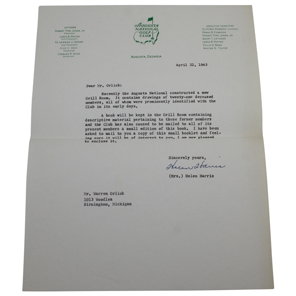 Warren Orlick's 'Portraits: Early Members of Augusta National Golf Club' 1963 Booklet with ANGC Letter
