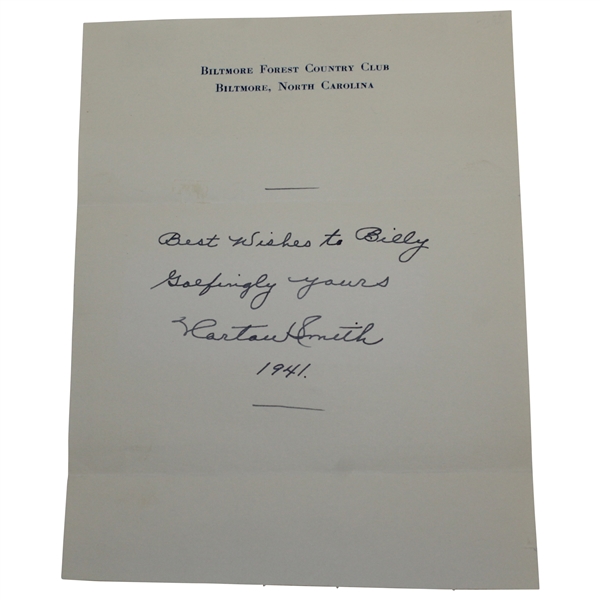 Horton Smith Signed & Dated 'Best Wishes' Note on Biltmore Forest CC Letterhead JSA ALOA