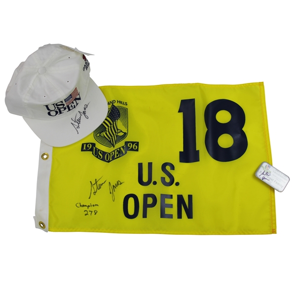 Steve Jones Signed 1996 US Open at Oakland Hills Flag, Hat, & Family Badge JSA ALOA