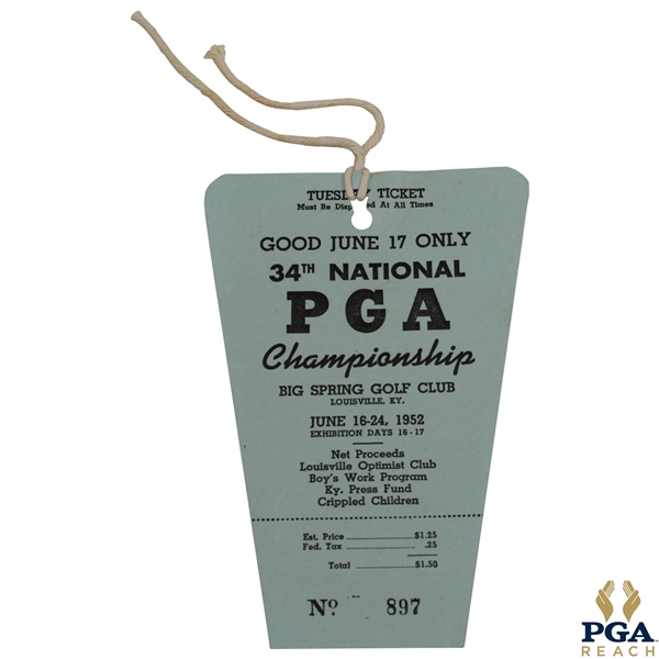 1952 PGA Championship at Big Spring Golf Club Tuesday Ticket #897 - Great Condition