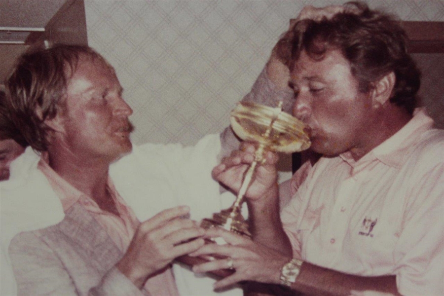 Ray Floyd Personal Framed Photo Drinking Out of Ryder Cup with Jack Nicklaus