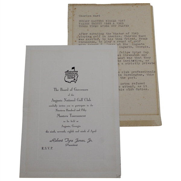 1950 Augusta National Golf Club Masters Invitation Given to Charles Ward from Bobby Jones!