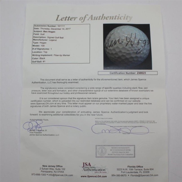 Ben Hogan Signed 'Hogan 100' Logo Golf Ball JSA FULL #Z48623