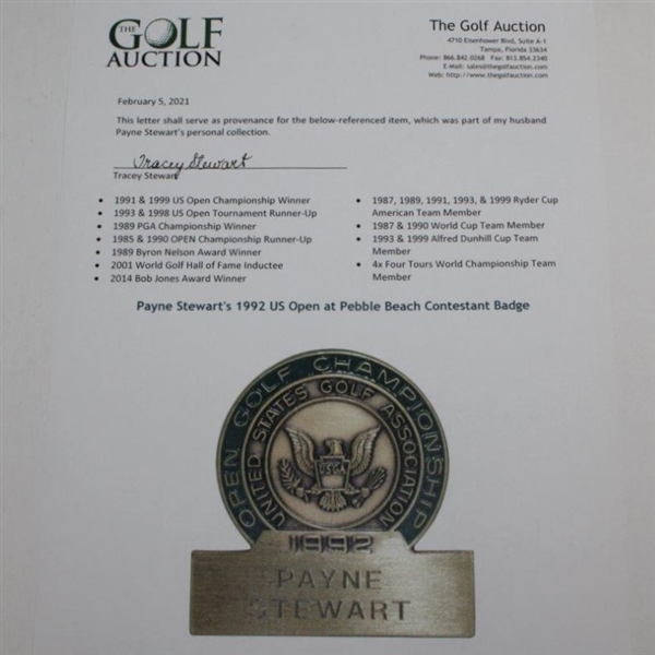 Payne Stewart's 1992 US Open at Pebble Beach Contestant Badge