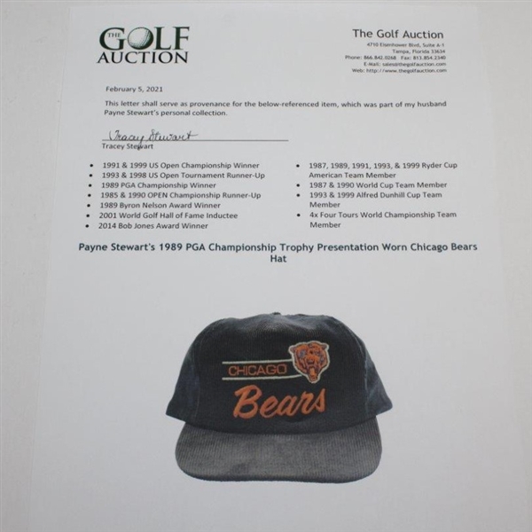 Payne Stewart's 1989 PGA Championship Trophy Presentation Worn Chicago Bears Hat