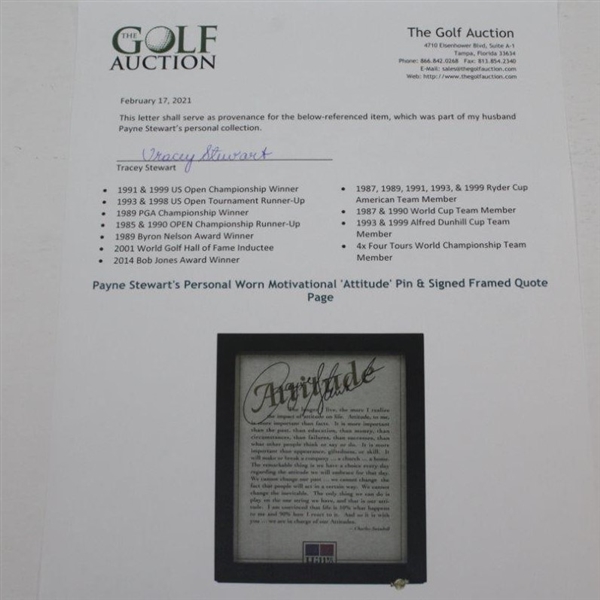 Payne Stewart's Personal Worn Motivational 'Attitude' Pin & Signed Framed Quote Page JSA ALOA