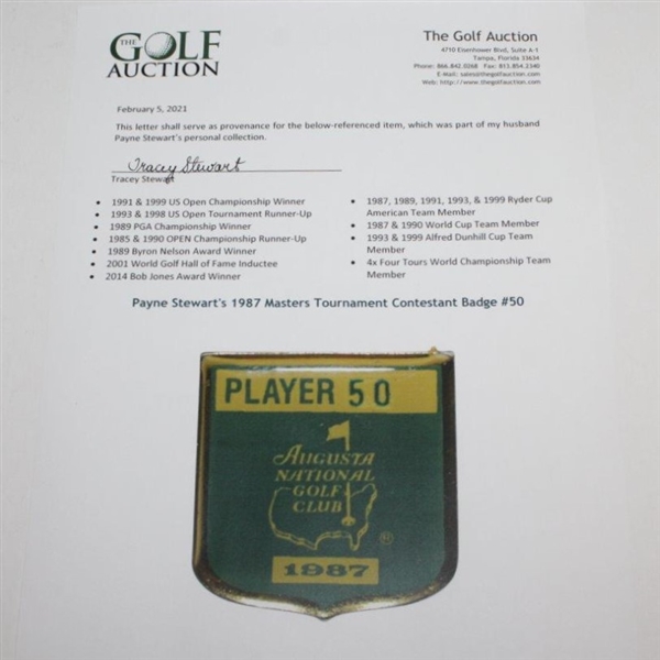 Payne Stewart's 1987 Masters Tournament Contestant Badge #50