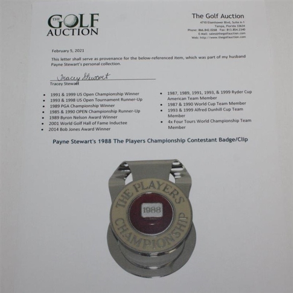 Payne Stewart's 1988 The Players Championship Contestant Badge/Clip