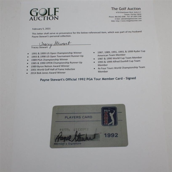 Payne Stewart's Official 1992 PGA Tour Member Card - Signed JSA ALOA