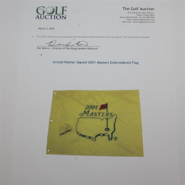 Arnold Palmer Signed 2001 Masters Embroidered Flag  JSA ALOA