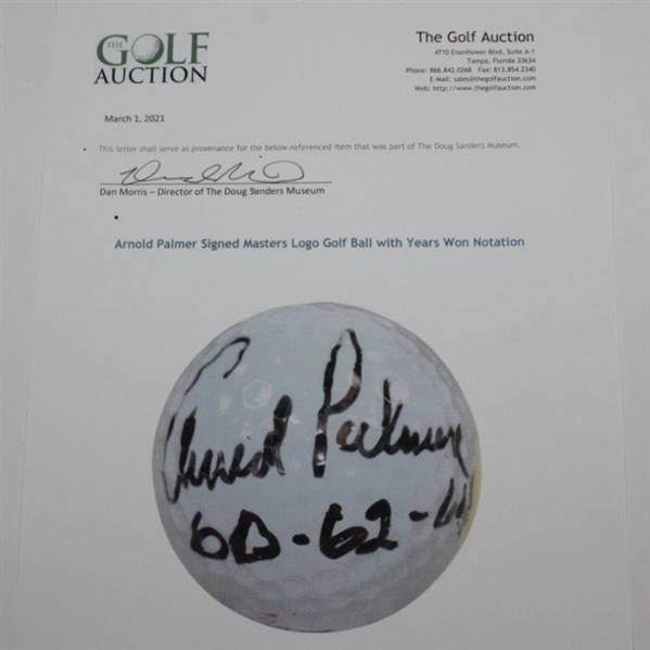 Arnold Palmer Signed Masters Logo Golf Ball with Years Won Notation JSA ALOA