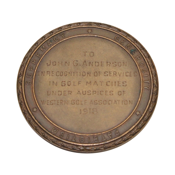 1918 Red Cross Bronze Medal W.G.A. Awarded to John G. Anderson - Top Amateur, Winged Foot G.C.