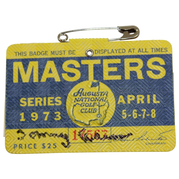 Tommy Aaron Signed 1973 Masters Tournament SERIES Badge #17567 JSA ALOA