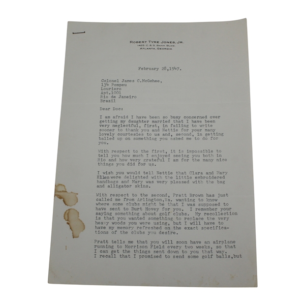 Bobby Jones Signed 1947 Letter - Masters and Golf Balls Mentions - JSA FULL #BB42862