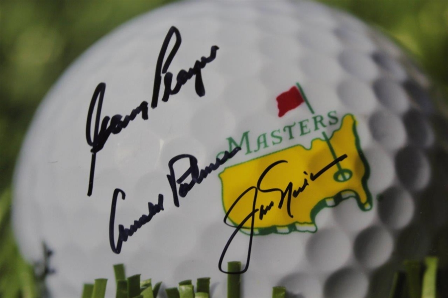 Arnold Palmer, Jack Nicklaus, & Gary Player 'Big 3' Signed 8x10 Masters Logo Golf Ball Photo JSA #Q50890