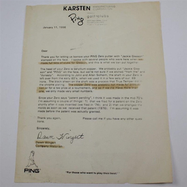 Prototype Karsten Mfg. Co. Jackie Gleason 'From the PING Dynasty' Beryllium Copper Zero with Letter
