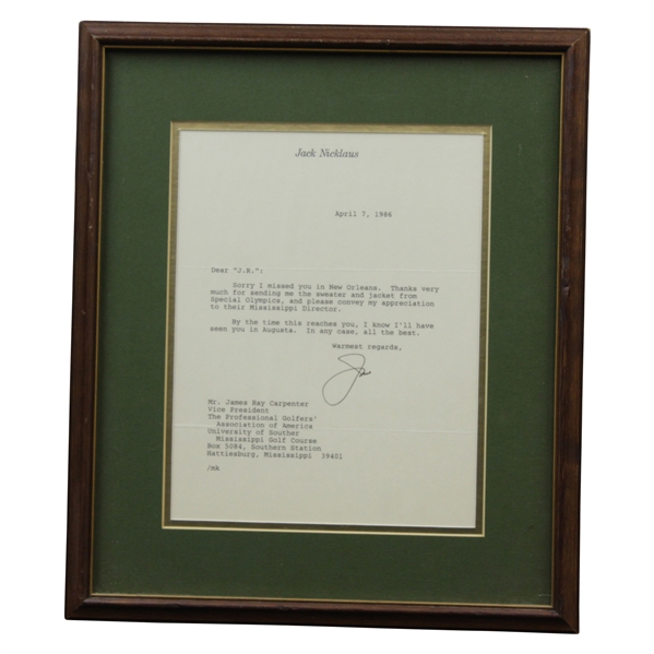 Jack Nicklaus Signed Typed Letter On His Letterhead 4/7/1986 - Days Before Final Masters Victory JSA ALOA