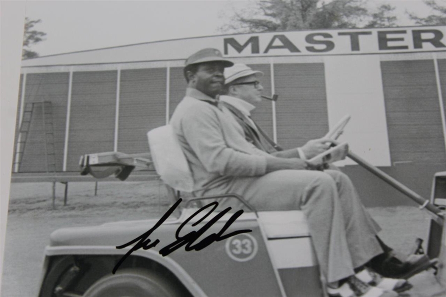 Lee Elder Signed 8x10 B&W Photo in Cart in Front of Masters Scoreboard JSA ALOA