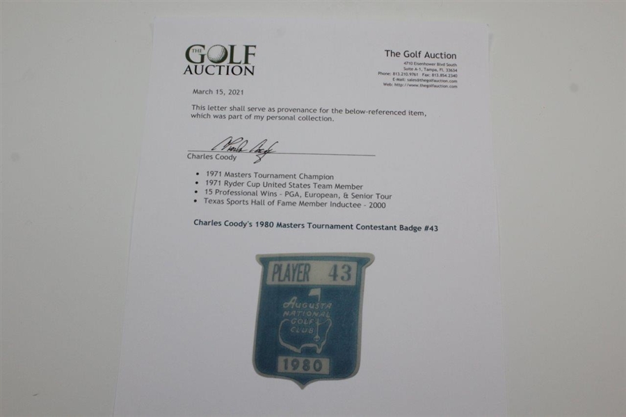 Charles Coody's 1980 Masters Tournament Contestant Badge #43