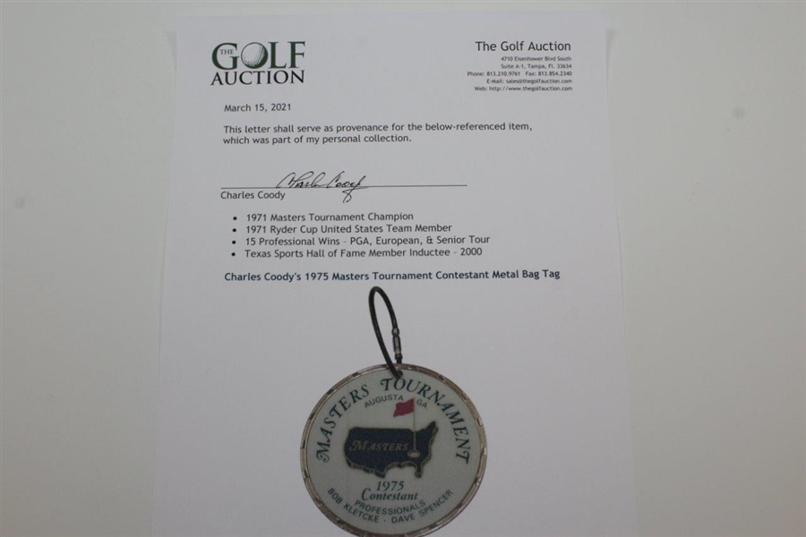 Charles Coody's 1975 Masters Tournament Contestant Metal Bag Tag