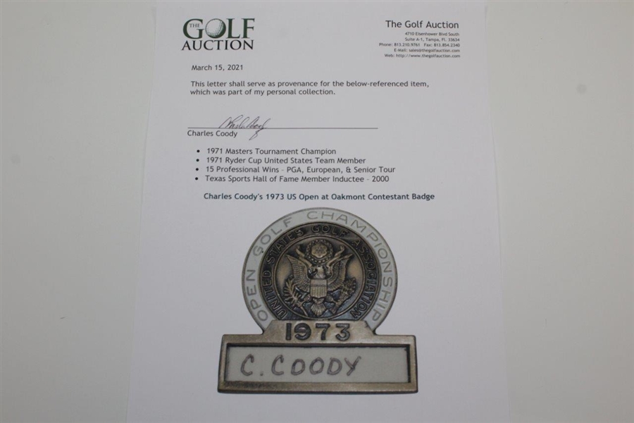 Charles Coody's 1973 US Open at Oakmont Contestant Badge