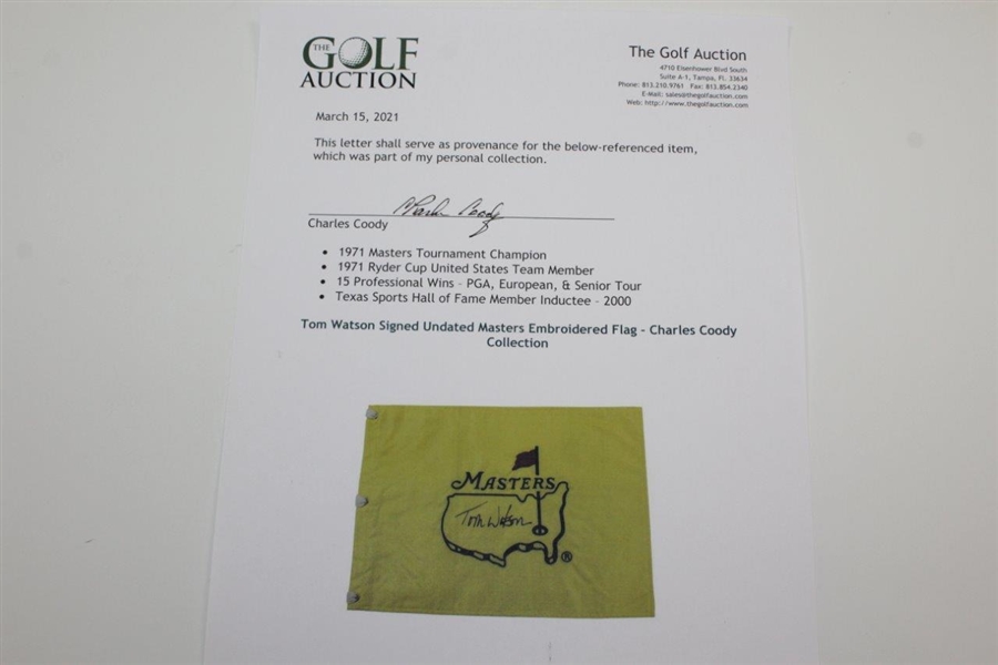Tom Watson Signed Undated Masters Embroidered Flag - Charles Coody Collection JSA ALOA