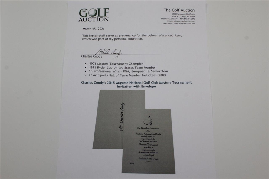 Charles Coody's 2015 Augusta National Golf Club Masters Tournament Invitation with Envelope