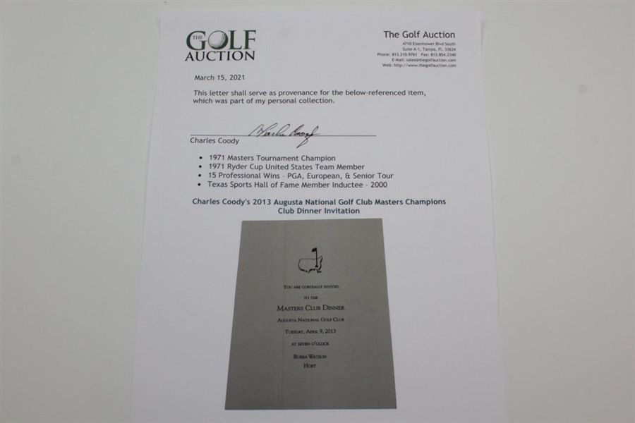 Charles Coody's 2013 Augusta National Golf Club Masters Champions Club Dinner Invitation