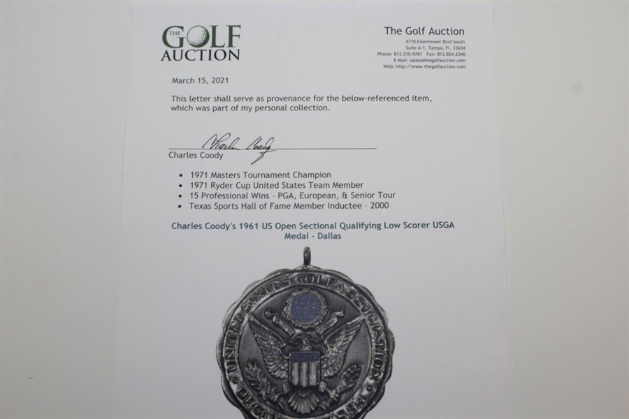 Charles Coody's 1961 US Open Sectional Qualifying Low Scorer USGA Medal - Dallas