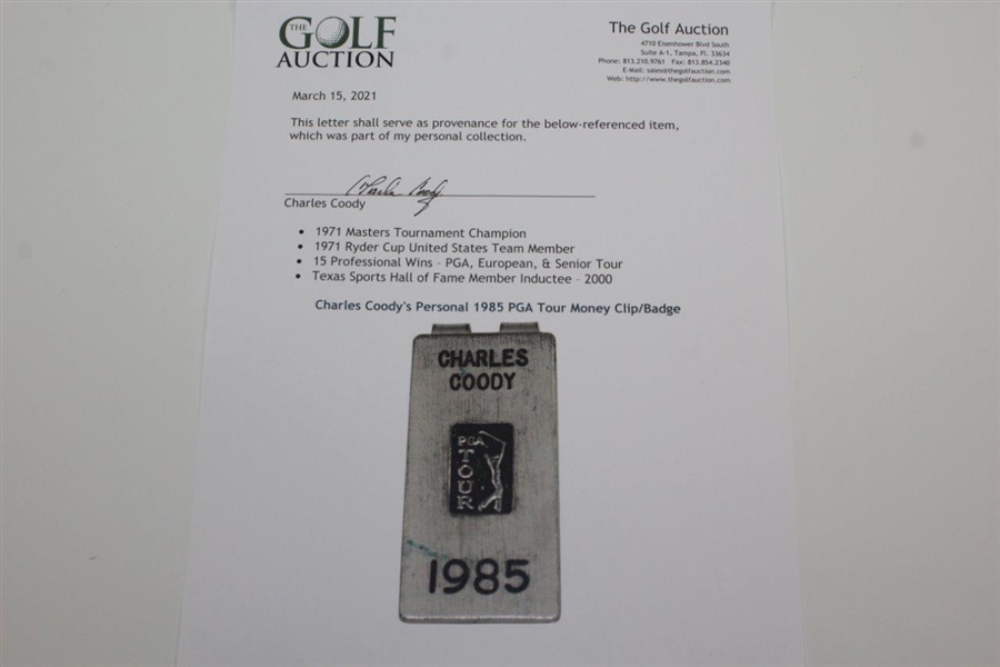 Charles Coody's Personal 1985 PGA Tour Money Clip/Badge
