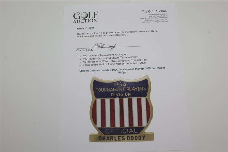 Charles Coody's Undated PGA Tournament Players 'Official' Shield Badge