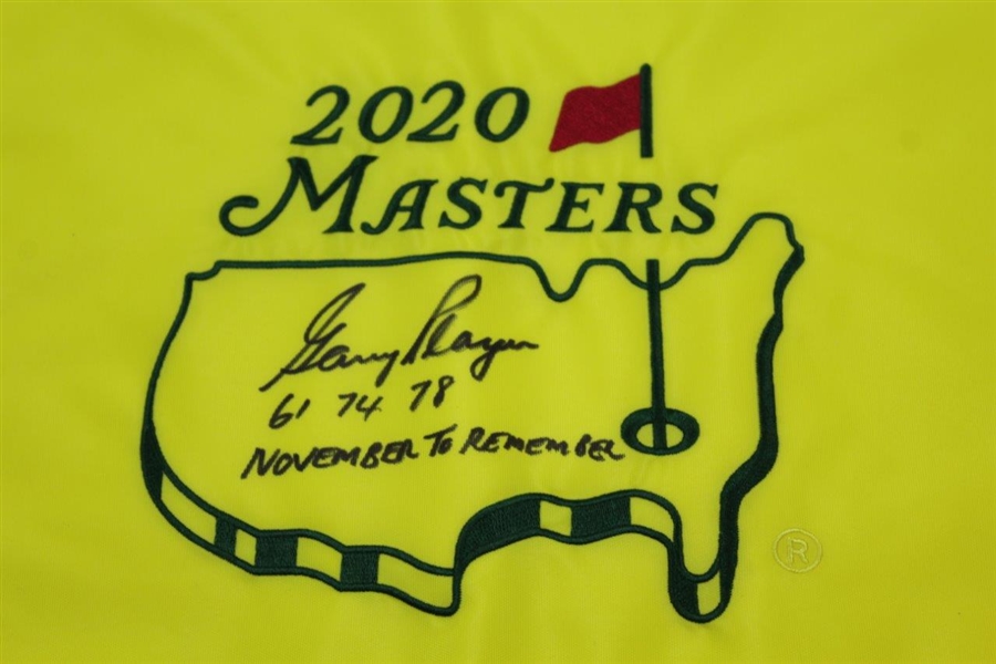 Gary Player Signed 2020 Masters Flag w/Years Won & 'November to Remember' Inscr. JSA #Z91650 Grade 9