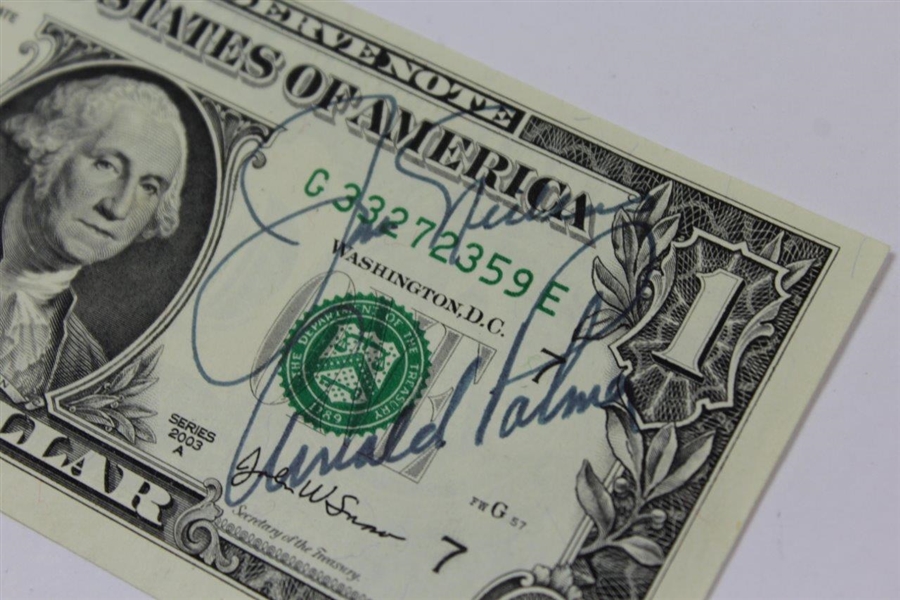 Arnold Palmer & Jack Nicklaus Signed US One Dollar Bill with Masters 2006 Sunday Sticker JSA ALOA