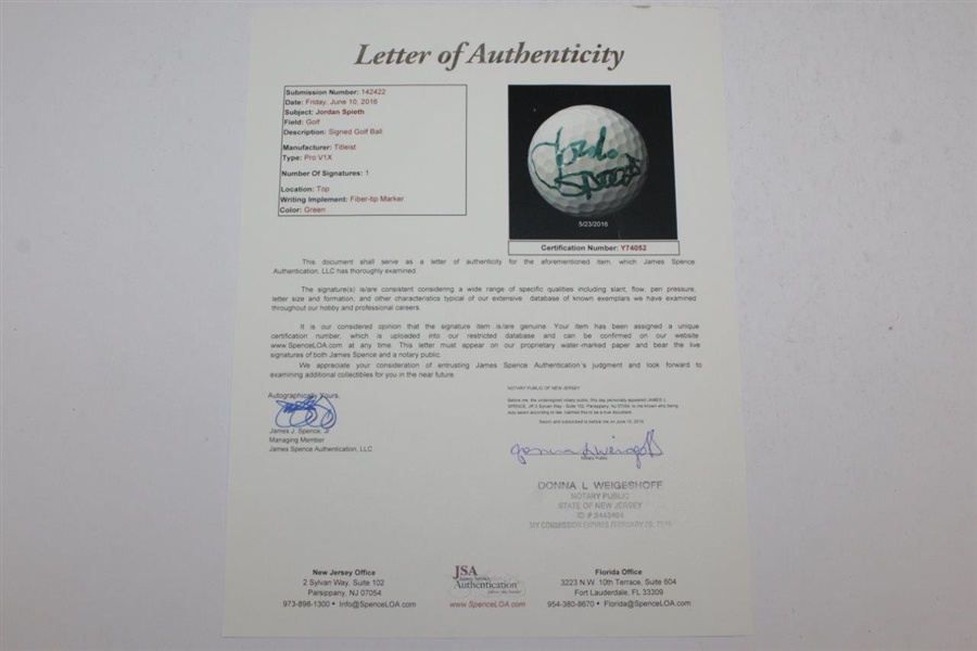 Jordan Spieth Signed Titleist Logo Golf Ball JSA FULL #Y74052