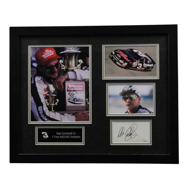 Dale Earnhardt SR Signed Cut with Racing, Trophy, & Close-Up Photos - Deluxe Framed JSA #L35371