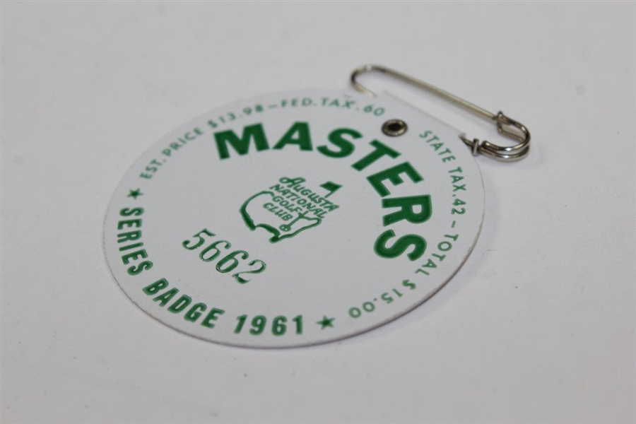 1961 Masters Tournament SERIES Badge #5662 with Original Pin