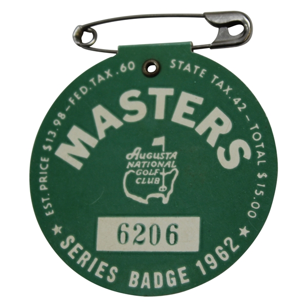 1962 Masters Tournament SERIES Badge #6206 with Original Pin