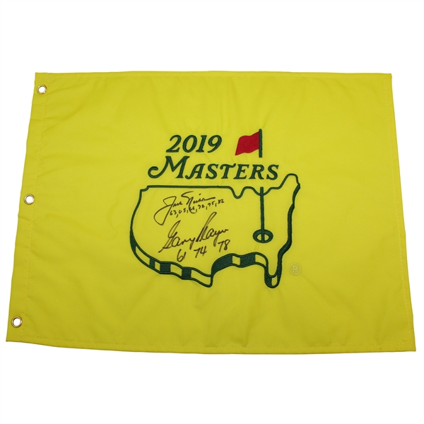 Jack Nicklaus & Gary Player Signed 2019 Masters Embroidered Flag with Years Won Notations JSA ALOA